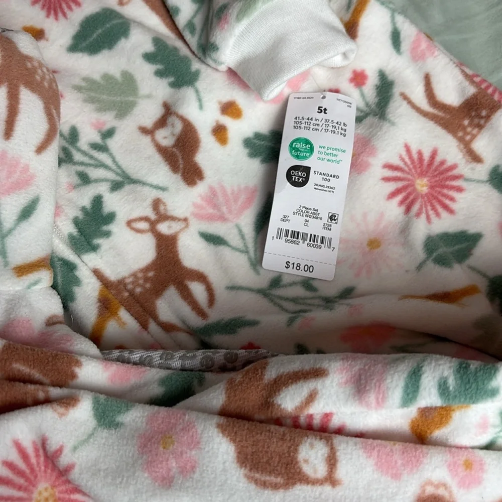 NWT 2 Pc Set Carter's Fleece Green Pink Deer White Forest Footie Nonslip Sole